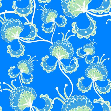 Suluboya desensiz, folky çiçekli ve yapraklı, etnik tarzda. Çiçek süsleme. Geleneksel şal deseni. Tekstil tasarım dokusu. Kabilesel etnik klasik dikişsiz model..