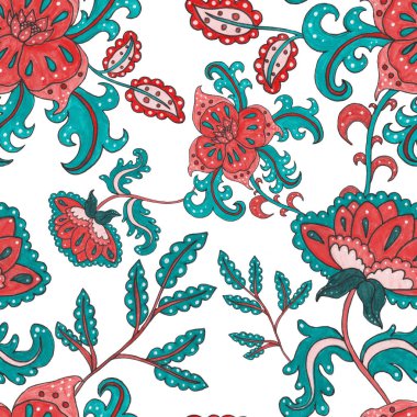 Suluboya desensiz, folky çiçekli ve yapraklı, etnik tarzda. Çiçek süsleme. Geleneksel şal deseni. Tekstil tasarım dokusu. Kabilesel etnik klasik dikişsiz model..