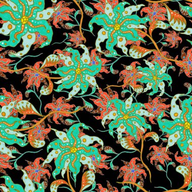 Suluboya desensiz, folky çiçekli ve yapraklı, etnik tarzda. Çiçek süsleme. Geleneksel şal deseni. Tekstil tasarım dokusu. Kabilesel etnik klasik dikişsiz model..