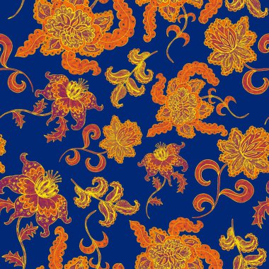 Suluboya desensiz, folky çiçekli ve yapraklı, etnik tarzda. Çiçek süsleme. Geleneksel şal deseni. Tekstil tasarım dokusu. Kabilesel etnik klasik dikişsiz model..