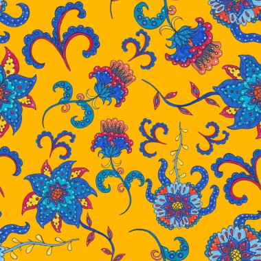 Suluboya desensiz, folky çiçekli ve yapraklı, etnik tarzda. Çiçek süsleme. Geleneksel şal deseni. Tekstil tasarım dokusu. Kabilesel etnik klasik dikişsiz model..