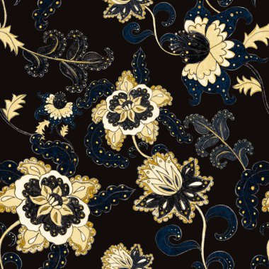 Suluboya desensiz, folky çiçekli ve yapraklı, etnik tarzda. Çiçek süsleme. Geleneksel şal deseni. Tekstil tasarım dokusu. Kabilesel etnik klasik dikişsiz model..