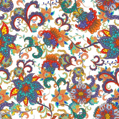 Suluboya desensiz, folky çiçekli ve yapraklı, etnik tarzda. Çiçek süsleme. Geleneksel şal deseni. Tekstil tasarım dokusu. Kabilesel etnik klasik dikişsiz model..