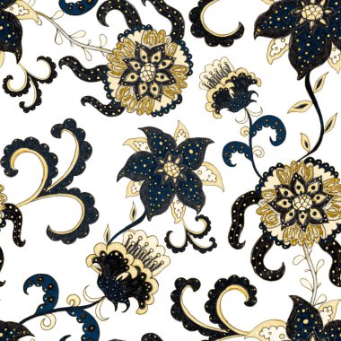 Suluboya desensiz, folky çiçekli ve yapraklı, etnik tarzda. Çiçek süsleme. Geleneksel şal deseni. Tekstil tasarım dokusu. Kabilesel etnik klasik dikişsiz model..