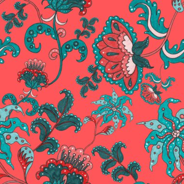 Suluboya desensiz, folky çiçekli ve yapraklı, etnik tarzda. Çiçek süsleme. Geleneksel şal deseni. Tekstil tasarım dokusu. Kabilesel etnik klasik dikişsiz model..