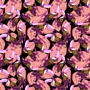 Tukanla dikişsiz suluboya desen. Tropik kuşlu ve yapraklı egzotik botanik orman duvar kağıdı. Parlak yaz şablonu geçmişi.