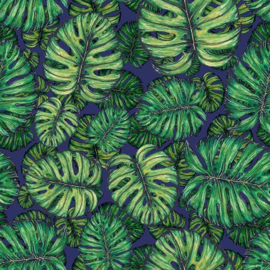 Tropikal yapraklarla suluboya kusursuz desen. Elle çizilmiş egzotik bitkilerle çok güzel bir iz. Mayo botanik tasarımı.