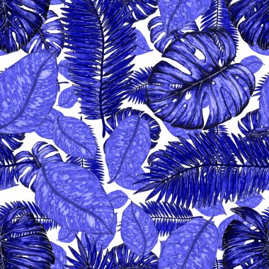 Tropikal yapraklarla suluboya kusursuz desen. Elle çizilmiş egzotik bitkilerle çok güzel bir iz. Mayo botanik tasarımı.