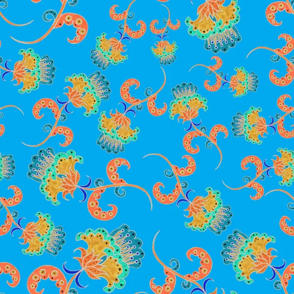 Suluboya desensiz, folky çiçekli ve yapraklı, etnik tarzda. Çiçek süsleme. Geleneksel şal deseni. Tekstil tasarım dokusu. Kabilesel etnik klasik dikişsiz model..