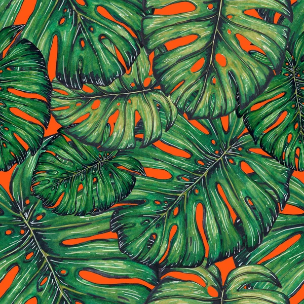 Akvarell Zökkenőmentes Minta Trópusi Levelekkel Gyönyörű Allover Print Kézzel Rajzolt — Stock Fotó