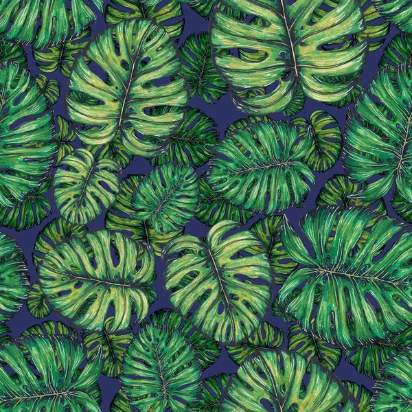 Akvarell Zökkenőmentes Minta Trópusi Levelekkel Gyönyörű Allover Print Kézzel Rajzolt — Stock Fotó
