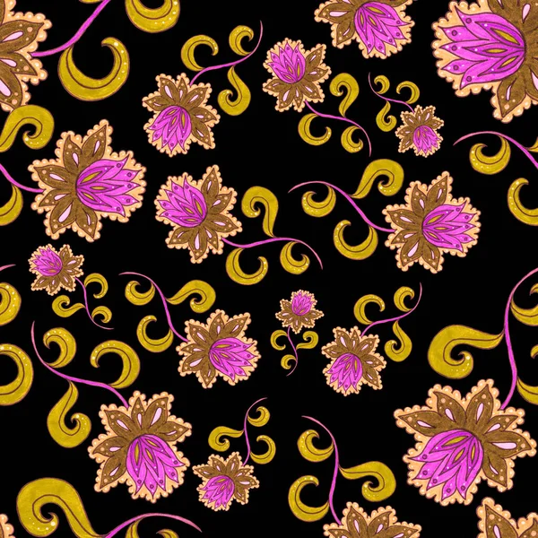 Suluboya desensiz, folky çiçekli ve yapraklı, etnik tarzda. Çiçek süsleme. Geleneksel şal deseni. Tekstil tasarım dokusu. Kabilesel etnik klasik dikişsiz model..