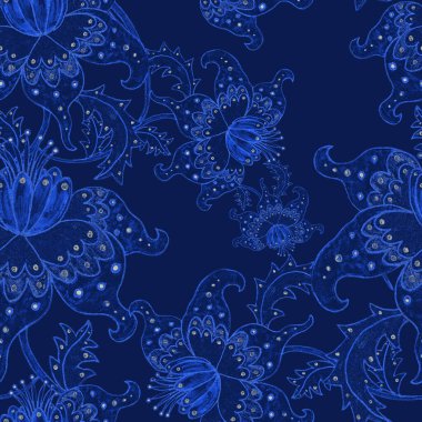 Suluboya desensiz, folky çiçekli ve yapraklı, etnik tarzda. Çiçek süsleme. Geleneksel şal deseni. Tekstil tasarım dokusu. Kabilesel etnik klasik dikişsiz model..