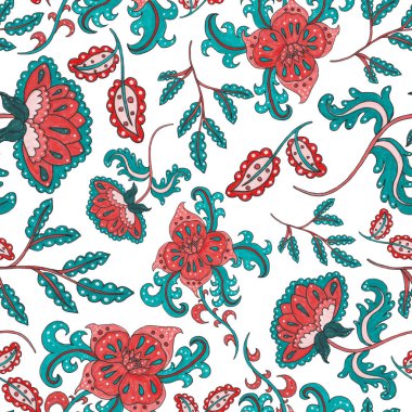 Suluboya desensiz, folky çiçekli ve yapraklı, etnik tarzda. Çiçek süsleme. Geleneksel şal deseni. Tekstil tasarım dokusu. Kabilesel etnik klasik dikişsiz model..