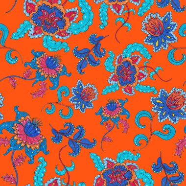 Suluboya desensiz, folky çiçekli ve yapraklı, etnik tarzda. Çiçek süsleme. Geleneksel şal deseni. Tekstil tasarım dokusu. Kabilesel etnik klasik dikişsiz model..