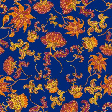 Suluboya desensiz, folky çiçekli ve yapraklı, etnik tarzda. Çiçek süsleme. Geleneksel şal deseni. Tekstil tasarım dokusu. Kabilesel etnik klasik dikişsiz model..