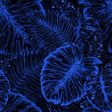 Tropikal yapraklarla suluboya kusursuz desen. Elle çizilmiş egzotik bitkilerle çok güzel bir iz. Mayo botanik tasarımı.