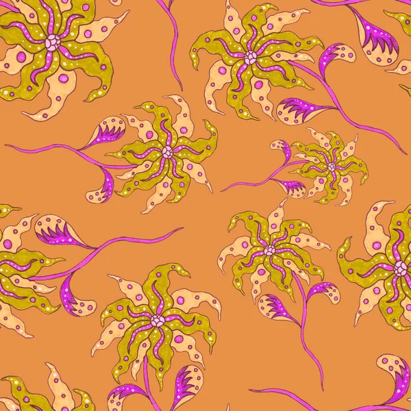 Suluboya desensiz, folky çiçekli ve yapraklı, etnik tarzda. Çiçek süsleme. Geleneksel şal deseni. Tekstil tasarım dokusu. Kabilesel etnik klasik dikişsiz model..