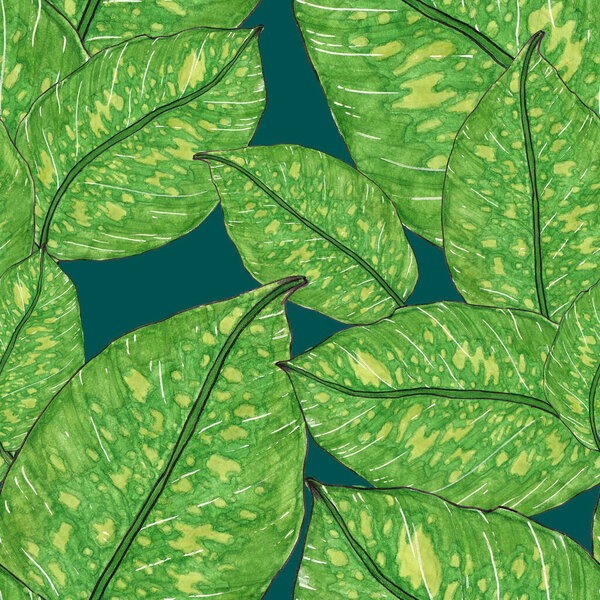 Watercolor seamless pattern with tropical leaves. Beautiful allover print with hand drawn exotic plants. Swimwear botanical design.