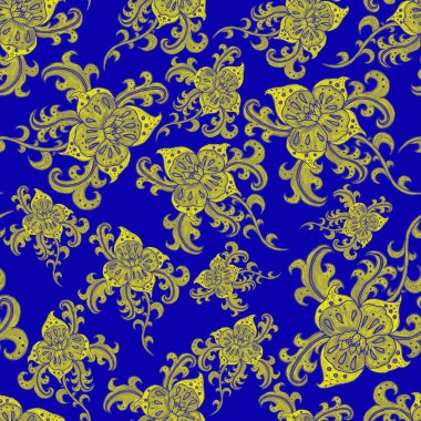 Suluboya desensiz, folky çiçekli ve yapraklı, etnik tarzda. Çiçek süsleme. Geleneksel şal deseni. Tekstil tasarım dokusu. Kabilesel etnik klasik dikişsiz model..