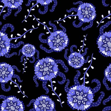 Suluboya desensiz, folky çiçekli ve yapraklı, etnik tarzda. Çiçek süsleme. Geleneksel şal deseni. Tekstil tasarım dokusu. Kabilesel etnik klasik dikişsiz model..