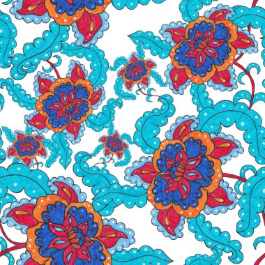 Suluboya desensiz, folky çiçekli ve yapraklı, etnik tarzda. Çiçek süsleme. Geleneksel şal deseni. Tekstil tasarım dokusu. Kabilesel etnik klasik dikişsiz model..