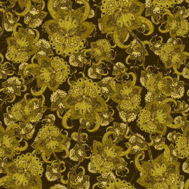 Suluboya desensiz, folky çiçekli ve yapraklı, etnik tarzda. Çiçek süsleme. Geleneksel şal deseni. Tekstil tasarım dokusu. Kabilesel etnik klasik dikişsiz model..