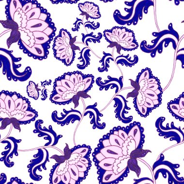 Suluboya desensiz, folky çiçekli ve yapraklı, etnik tarzda. Çiçek süsleme. Geleneksel şal deseni. Tekstil tasarım dokusu. Kabilesel etnik klasik dikişsiz model..