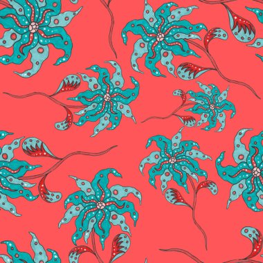 Suluboya desensiz, folky çiçekli ve yapraklı, etnik tarzda. Çiçek süsleme. Geleneksel şal deseni. Tekstil tasarım dokusu. Kabilesel etnik klasik dikişsiz model..