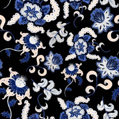 Suluboya desensiz, folky çiçekli ve yapraklı, etnik tarzda. Çiçek süsleme. Geleneksel şal deseni. Tekstil tasarım dokusu. Kabilesel etnik klasik dikişsiz model..