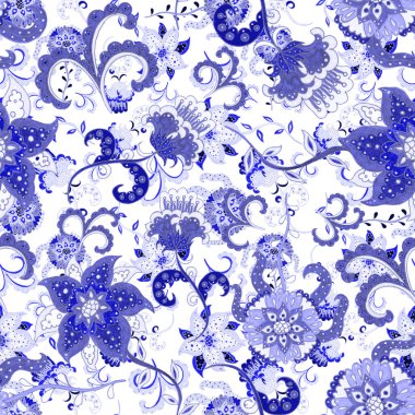 Suluboya desensiz, folky çiçekli ve yapraklı, etnik tarzda. Çiçek süsleme. Geleneksel şal deseni. Tekstil tasarım dokusu. Kabilesel etnik klasik dikişsiz model..