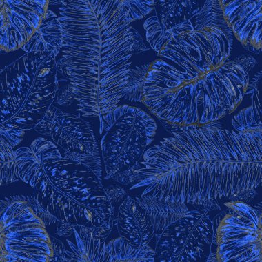 Tropikal yapraklarla suluboya kusursuz desen. Elle çizilmiş egzotik bitkilerle çok güzel bir iz. Mayo botanik tasarımı.