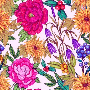 Çiçek buketli suluboya desenli. Klasik botanik çizimi. Her türlü tasarım için zarif bir dekorasyon. Renkli ve soyut çiçekli moda baskısı. Suluboya dokusu.