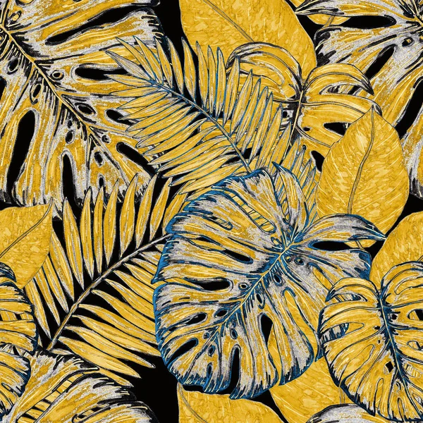 Акварель Бесшовный Узор Тропическими Листьями Печатаем Экзотические Растения Вручную Ботанический — стоковое фото