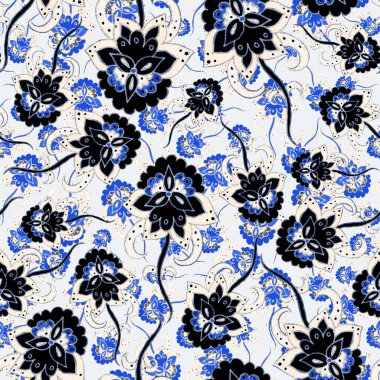 Suluboya desensiz, folky çiçekli ve yapraklı, etnik tarzda. Çiçek süsleme. Geleneksel şal deseni. Tekstil tasarım dokusu. Kabilesel etnik klasik dikişsiz model..