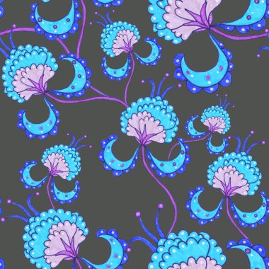 Suluboya desensiz, folky çiçekli ve yapraklı, etnik tarzda. Çiçek süsleme. Geleneksel şal deseni. Tekstil tasarım dokusu. Kabilesel etnik klasik dikişsiz model..