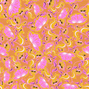 Suluboya desensiz, folky çiçekli ve yapraklı, etnik tarzda. Çiçek süsleme. Geleneksel şal deseni. Tekstil tasarım dokusu. Kabilesel etnik klasik dikişsiz model..