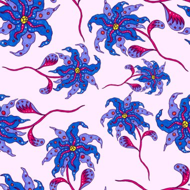 Suluboya desensiz, folky çiçekli ve yapraklı, etnik tarzda. Çiçek süsleme. Geleneksel şal deseni. Tekstil tasarım dokusu. Kabilesel etnik klasik dikişsiz model..