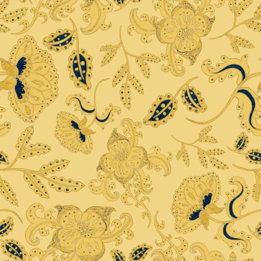 Suluboya desensiz, folky çiçekli ve yapraklı, etnik tarzda. Çiçek süsleme. Geleneksel şal deseni. Tekstil tasarım dokusu. Kabilesel etnik klasik dikişsiz model..