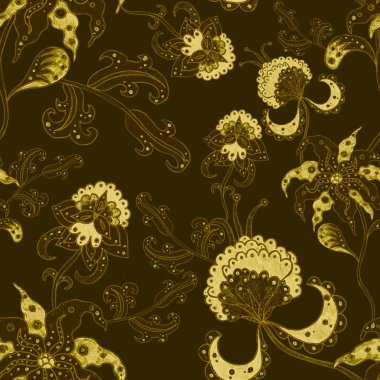 Suluboya desensiz, folky çiçekli ve yapraklı, etnik tarzda. Çiçek süsleme. Geleneksel şal deseni. Tekstil tasarım dokusu. Kabilesel etnik klasik dikişsiz model..