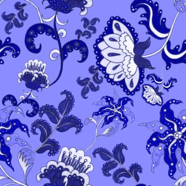 Suluboya desensiz, folky çiçekli ve yapraklı, etnik tarzda. Çiçek süsleme. Geleneksel şal deseni. Tekstil tasarım dokusu. Kabilesel etnik klasik dikişsiz model..