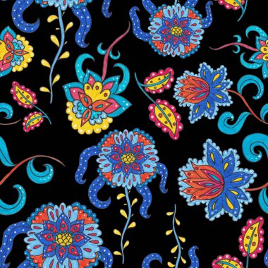 Suluboya desensiz, folky çiçekli ve yapraklı, etnik tarzda. Çiçek süsleme. Geleneksel şal deseni. Tekstil tasarım dokusu. Kabilesel etnik klasik dikişsiz model..