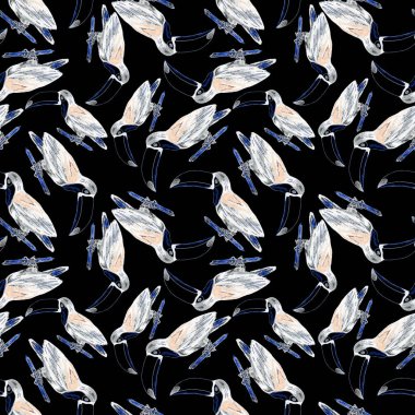 Tukanla dikişsiz suluboya desen. Tropik kuşlu ve yapraklı egzotik botanik orman duvar kağıdı. Parlak yaz şablonu geçmişi.