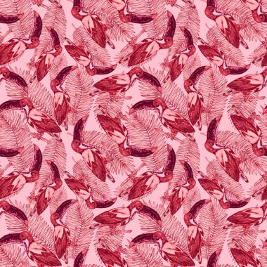 Tukanla dikişsiz suluboya desen. Tropik kuşlu ve yapraklı egzotik botanik orman duvar kağıdı. Parlak yaz şablonu geçmişi.