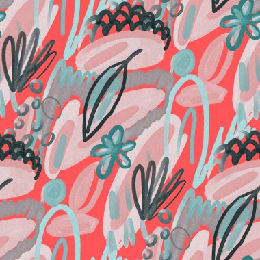 Suluboya, soyut, kusursuz desen. Parlak el yapımı elementlerle yaratıcı doku. Soyut renkli yazdırma.