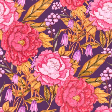 Çiçek buketli suluboya desenli. Klasik botanik çizimi. Her türlü tasarım için zarif bir dekorasyon. Renkli ve soyut çiçekli moda baskısı. Suluboya dokusu.