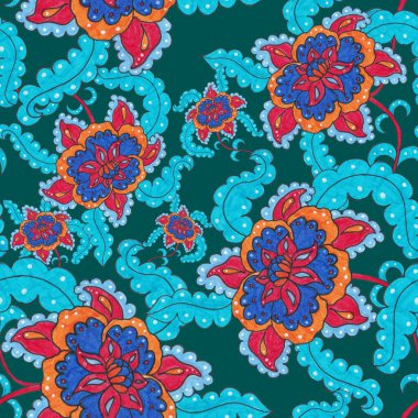 Suluboya desensiz, folky çiçekli ve yapraklı, etnik tarzda. Çiçek süsleme. Geleneksel şal deseni. Tekstil tasarım dokusu. Kabilesel etnik klasik dikişsiz model..