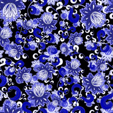 Suluboya desensiz, folky çiçekli ve yapraklı, etnik tarzda. Çiçek süsleme. Geleneksel şal deseni. Tekstil tasarım dokusu. Kabilesel etnik klasik dikişsiz model..