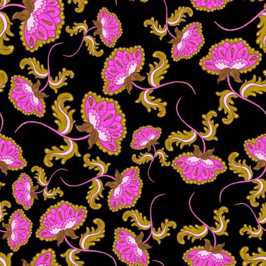 Suluboya desensiz, folky çiçekli ve yapraklı, etnik tarzda. Çiçek süsleme. Geleneksel şal deseni. Tekstil tasarım dokusu. Kabilesel etnik klasik dikişsiz model..