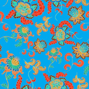 Suluboya desensiz, folky çiçekli ve yapraklı, etnik tarzda. Çiçek süsleme. Geleneksel şal deseni. Tekstil tasarım dokusu. Kabilesel etnik klasik dikişsiz model..